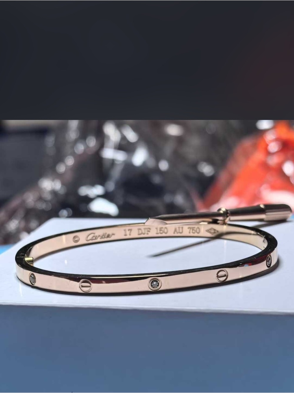 Stamped Rose Gold Love Screwdriver Bangle Bracelet with Stones - Picture 2 of 4